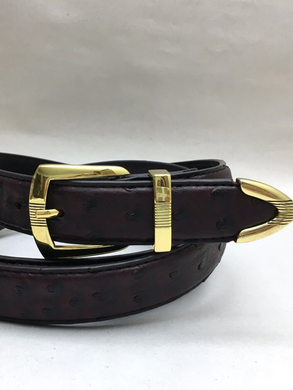 Men's Brown Leather Belt Faux Ostrich Pattern Gold Tone Buckle Size 4XL
